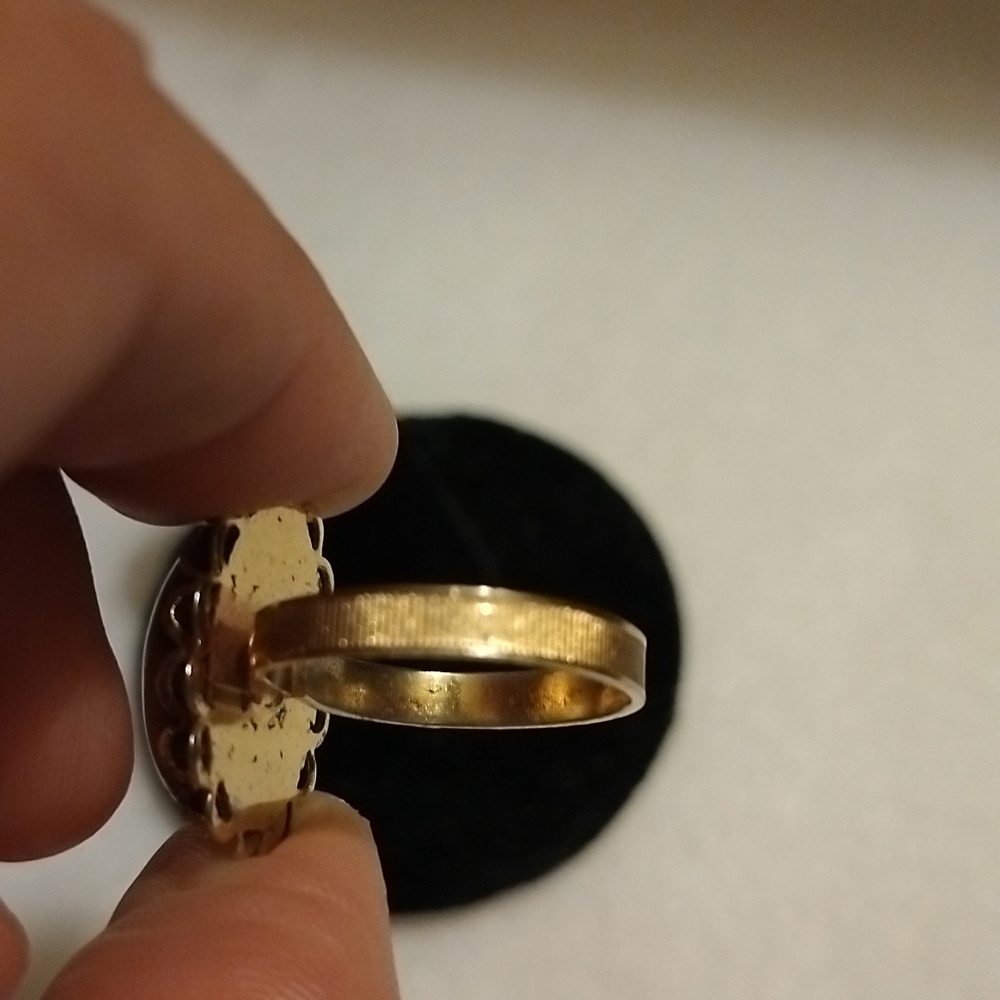 Vintage Czech Sand Stone Set In Gold Tone Filagree Adjustable Band Marked - Picture 6 of 12